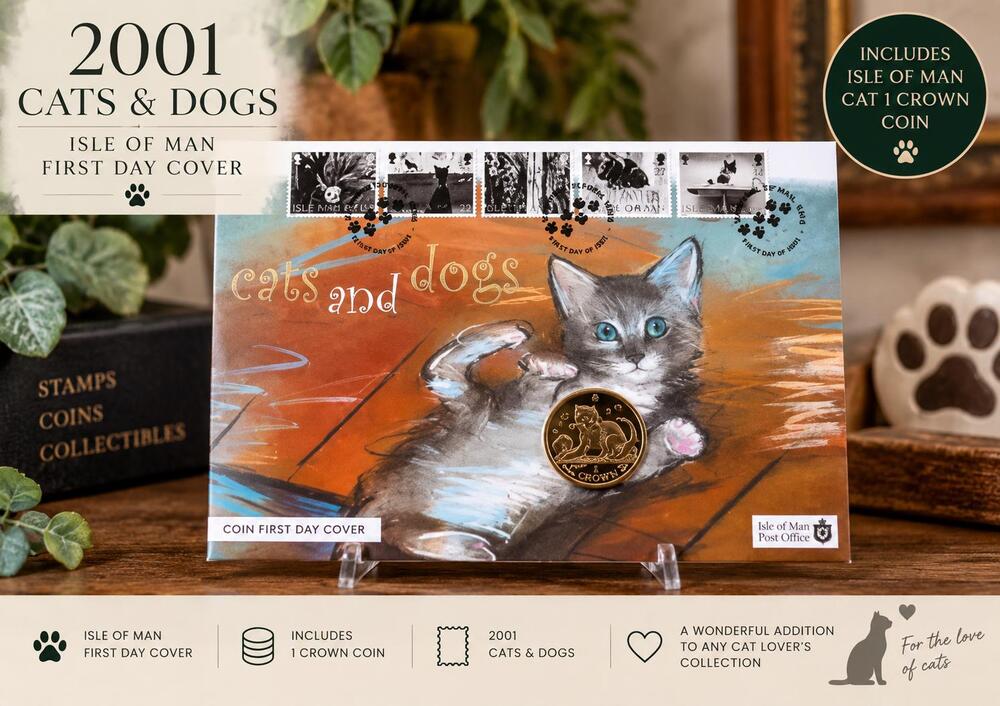 2001 Cats & Dogs First Day Cover | Isle of Man Cat 1 Crown Coin | FDC